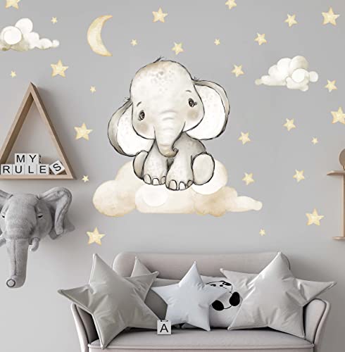 WANDKIND Elefant auf der Wolke Wandtattoo V337 | handgezeichnet | AUFKLEBER Kindergarten | Wandsticker Kinderzimmer Elefanten mit Sterne Elephant Wolken (75 x75 cm) von WANDKIND