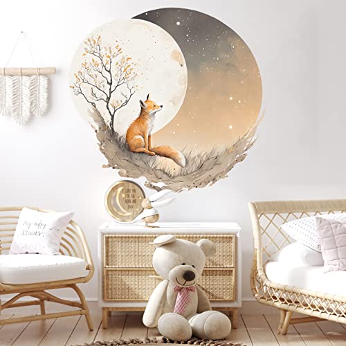 WANDKIND Fuchs Mond Wandtattoo Rund Kinderzimmer V411 | handgezeichnet | AUFKLEBER Kindergarten | Wandsticker Babyzimmer Mond (120 x 120 cm) von WANDKIND