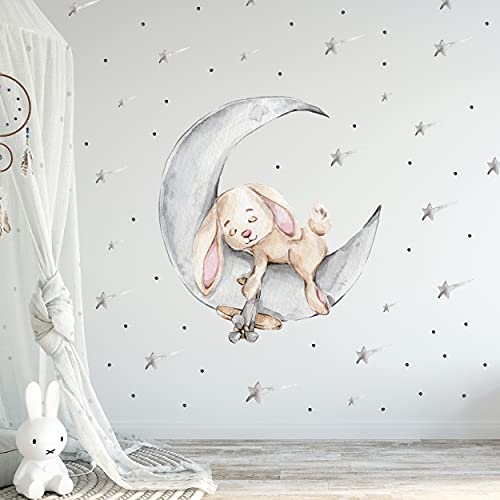 WANDKIND Hase auf dem Mond Wandtattoo V303 | handgezeichnet | AUFKLEBER Kindergarten | Wandsticker Kinderzimmer Hasen mit Sterne Sternschnuppe (100 x 100 cm) von WANDKIND