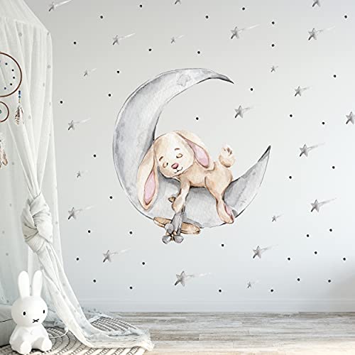 WANDKIND Hase auf dem Mond Wandtattoo V303 | handgezeichnet | AUFKLEBER Kindergarten | Wandsticker Kinderzimmer Hasen mit Sterne Sternschnuppe (75 x 75 cm) von WANDKIND