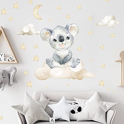 WANDKIND Koala auf der Wolke Wandtattoo V340 | handgezeichnet | AUFKLEBER Kindergarten | Wandsticker Kinderzimmer Kolas mit Sterne Wolken (100 x 100 cm) von WANDKIND