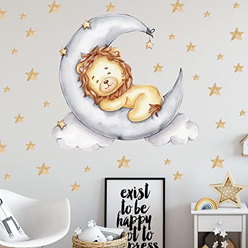 WANDKIND Löwe auf dem Mond V302 | handgezeichnet | AUFKLEBER Kindergarten | Wandsticker Kinderzimmer Löwen mit Sterne König (75 x 75 cm) von WANDKIND