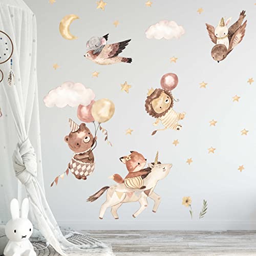 WANDKIND Magische Tiere Wandtattoo Kinderzimmer V388 | handgezeichnet | AUFKLEBER Kindergarten | Babyzimmer Wandsticker Löwe Fuchs Bär Hase Elefant (60 x 60 cm) von WANDKIND