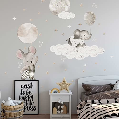 WANDKIND Moon Dreams Wandtattoo Kinderzimmer V386 | handgezeichnet | AUFKLEBER Kindergarten | Babyzimmer Wandsticker Fliegende Maus und Elefant auf der Wolke (120 x 120 cm) von WANDKIND