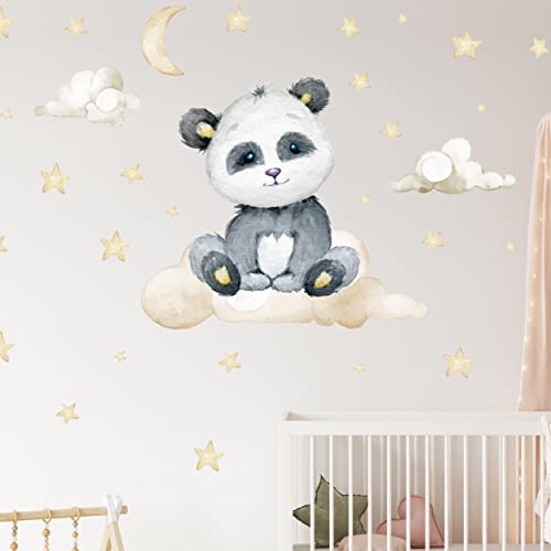 WANDKIND Panda auf der Wolke Wandtattoo V320 | handgezeichnet | AUFKLEBER Kindergarten | Wandsticker Kinderzimmer Pandabär mit Sterne Bär Wolken (40 x 40 cm) von WANDKIND