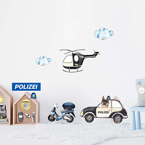 WANDKIND Polizei Wandtattoo Set V339 | handgezeichnet | AUFKLEBER Kindergarten | Wandsticker Kinderzimmer Deko Helikopter Hubschrauber Polizeihund Fahrzeug Auto Polizeiauto (60 x 60 cm) von WANDKIND