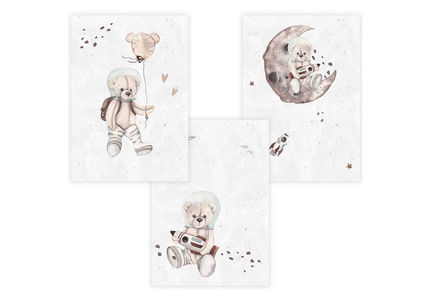 WANDKIND Poster Kinderzimmer Wandposter 3er Set Premium P788 / Teddybär Astronaut, Wandposter in verschiedenen Größen von WANDKIND