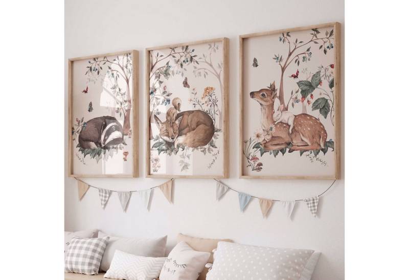WANDKIND Poster Schlafende Waldtiere 3er Poster Set P805, Kinder Poster von WANDKIND