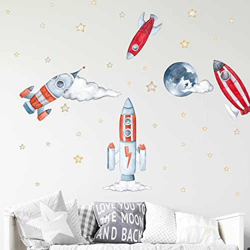 WANDKIND Raumschiff Wandtattoo Set V310 | handgezeichnet | AUFKLEBER Kindergarten | Wandsticker Kinderzimmer Weltraum Rakete Mondreise Sterne Planeten Mond Astronaut Raumschiffe (75 x 75 cm) von WANDKIND