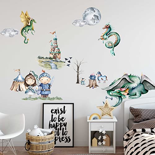 WANDKIND Ritter und Drache Wandtattoo Kinderzimmer V383 | handgezeichnet | AUFKLEBER Kindergarten | Babyzimmer Wandsticker Schloss Prinzessin Wanddeko (100 x 100 cm) von WANDKIND