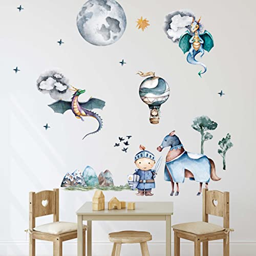 WANDKIND Ritter und Drache Wandtattoo Kinderzimmer V384 | handgezeichnet | AUFKLEBER Kindergarten | Babyzimmer Wandsticker Schloss Prinzessin Heissluftballon Wanddeko (40 x 40 cm) von WANDKIND