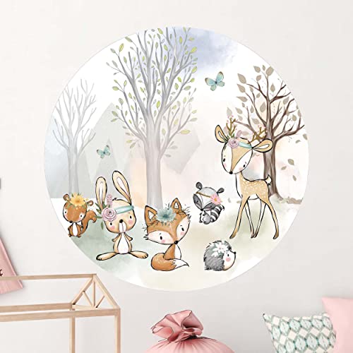 WANDKIND Rundes Wandtattoo Waldtiere Kinderzimmer Deko V354 | handgezeichnet | AUFKLEBER Kindergarten | Wandsticker Woodland mit Fuchs Waschbär Hase (120 x 120 cm) von WANDKIND