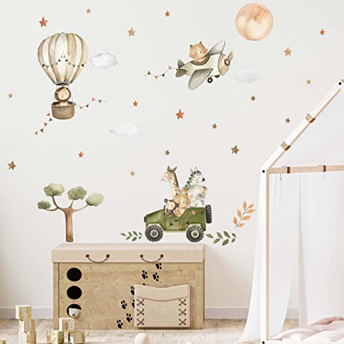 WANDKIND Safari Tiere Afrika Wandtattoo Safari Kinderzimmer V368 | handgezeichnet | AUFKLEBER Kindergarten | Wandsticker Dschungel mit Löwe Elefant Giraffe Zebra (130 x 130 cm) von WANDKIND