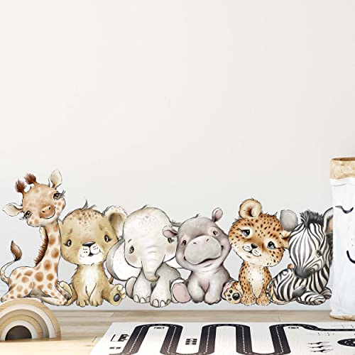 WANDKIND Tiere Afrika Wandtattoo Safari Kinderzimmer V351 | handgezeichnet | AUFKLEBER Kindergarten | Wandsticker Dschungel mit Löwe Elefant Giraffe Nilpferd Zebra Tiger (60 x 60 cm) von WANDKIND