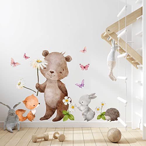 WANDKIND Waldtiere Wandtattoo Kinderzimmer V378 | handgezeichnet | AUFKLEBER Kindergarten | Babyzimmer Wandsticker Dschungel mit Bär, Fuchs und Hase (100 x 100 cm) von WANDKIND