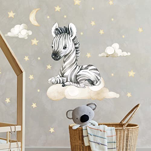WANDKIND Zebra auf der Wolke Wandtattoo V341 | handgezeichnet | AUFKLEBER Kindergarten | Wandsticker Kinderzimmer Zebras mit Sterne Wolken (40 x 40 cm) von WANDKIND