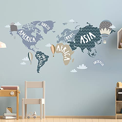 WELTKARTE Wandtattoo Set V248 | handgezeichnet | AUFKLEBER Kindergarten | Wandsticker Kinderzimmer Landkarte Karte Länderkarte Länder Globus (Blau, 100 x 50 cm) von WANDKIND