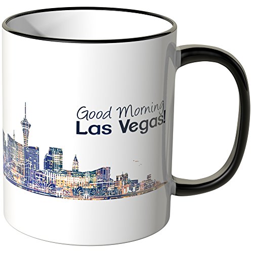 WANDKINGS® Tasse, Schriftzug Good Morning Las Vegas! mit Skyline bei Nacht - SCHWARZ von WANDKINGS