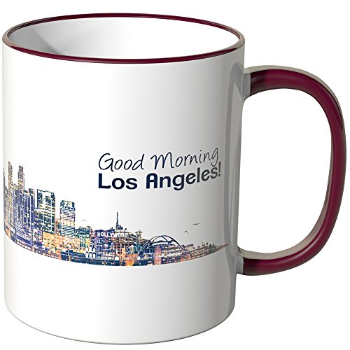 WANDKINGS® Tasse, Schriftzug Good Morning Los Angeles! mit Skyline bei Nacht - Bordeaux von WANDKINGS