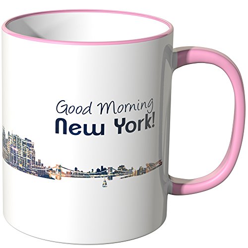 WANDKINGS® Tasse, Schriftzug Good Morning New York! mit Skyline bei Nacht - ROSA von WANDKINGS