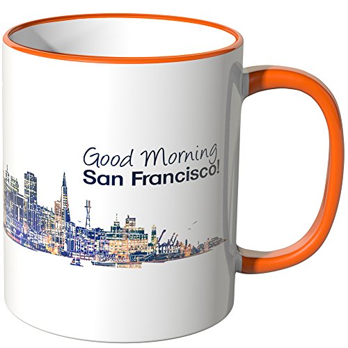 WANDKINGS® Tasse, Schriftzug Good Morning San Francisco! mit Skyline bei Nacht - ORANGE von WANDKINGS