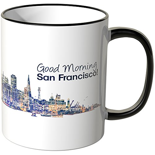 WANDKINGS® Tasse, Schriftzug Good Morning San Francisco! mit Skyline bei Nacht - SCHWARZ von WANDKINGS