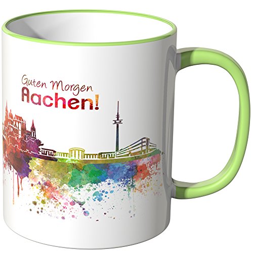 WANDKINGS® Tasse, Schriftzug Guten Morgen Aachen! mit Skyline - HELLGRÜN von WANDKINGS