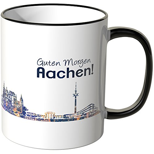 WANDKINGS® Tasse, Schriftzug Guten Morgen Aachen! mit Skyline bei Nacht - SCHWARZ von WANDKINGS