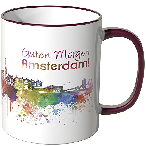 WANDKINGS® Tasse, Schriftzug Guten Morgen Amsterdam! mit Skyline - Bordeaux von WANDKINGS