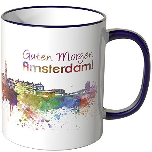 WANDKINGS® Tasse, Schriftzug Guten Morgen Amsterdam! mit Skyline - LILA von WANDKINGS