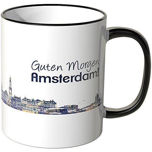 WANDKINGS® Tasse, Schriftzug Guten Morgen Amsterdam! mit Skyline bei Nacht - SCHWARZ von WANDKINGS