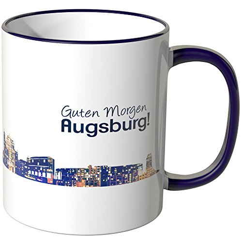 WANDKINGS® Tasse, Schriftzug Guten Morgen Augsburg! mit Skyline bei Nacht - LILA von WANDKINGS