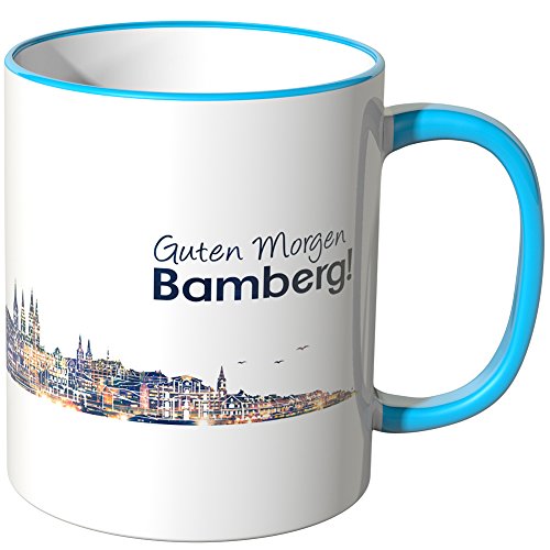 WANDKINGS® Tasse, Schriftzug Guten Morgen Bamberg! mit Skyline bei Nacht - BLAU von WANDKINGS