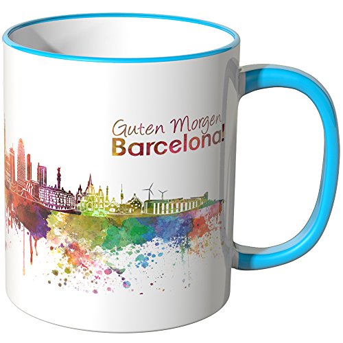 WANDKINGS® Tasse, Schriftzug Guten Morgen Barcelona! mit Skyline - BLAU von WANDKINGS