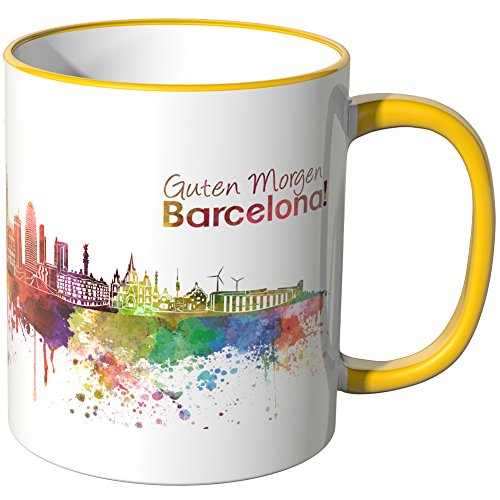 WANDKINGS® Tasse, Schriftzug Guten Morgen Barcelona! mit Skyline - GELB von WANDKINGS