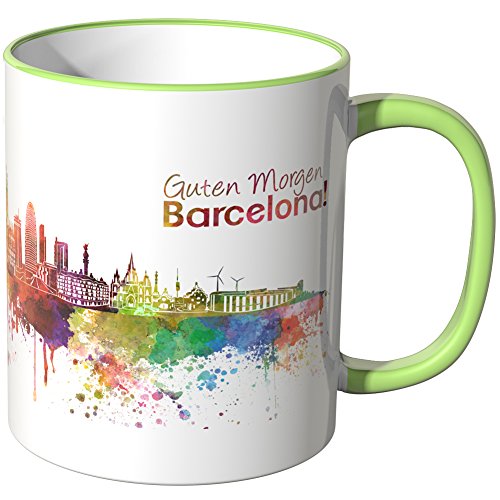 WANDKINGS® Tasse, Schriftzug Guten Morgen Barcelona! mit Skyline - HELLGRÜN von WANDKINGS
