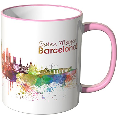 WANDKINGS® Tasse, Schriftzug Guten Morgen Barcelona! mit Skyline - ROSA von WANDKINGS