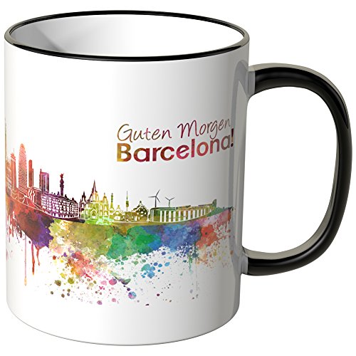 WANDKINGS® Tasse, Schriftzug Guten Morgen Barcelona! mit Skyline - SCHWARZ von WANDKINGS