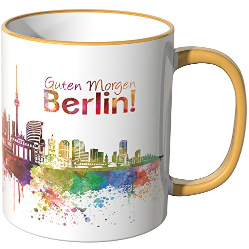WANDKINGS® Tasse, Schriftzug Guten Morgen Berlin! mit Skyline - DUNKELGELB von WANDKINGS