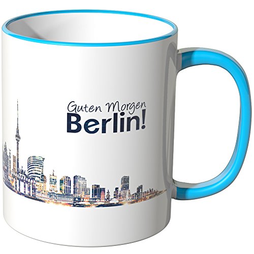 WANDKINGS® Tasse, Schriftzug Guten Morgen Berlin! mit Skyline bei Nacht - BLAU von WANDKINGS