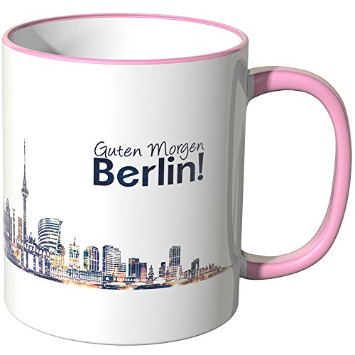 WANDKINGS® Tasse, Schriftzug Guten Morgen Berlin! mit Skyline bei Nacht - ROSA von WANDKINGS