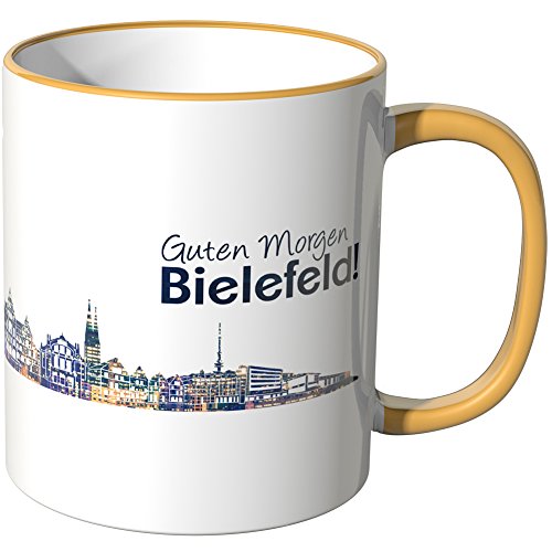 WANDKINGS® Tasse, Schriftzug Guten Morgen Bielefeld! mit Skyline bei Nacht - DUNKELGELB von WANDKINGS
