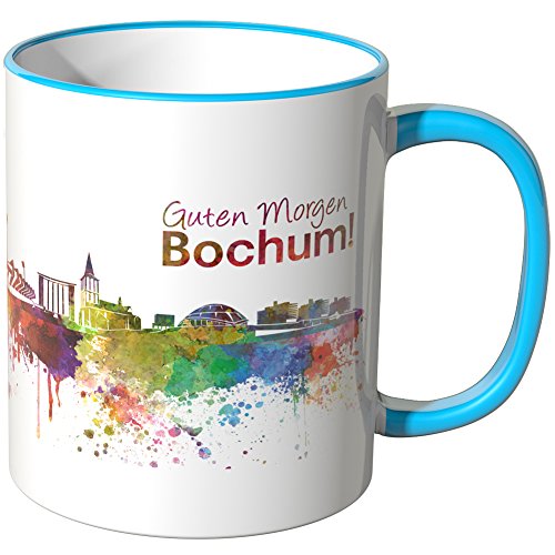 WANDKINGS® Tasse, Schriftzug Guten Morgen Bochum! mit Skyline - BLAU von WANDKINGS