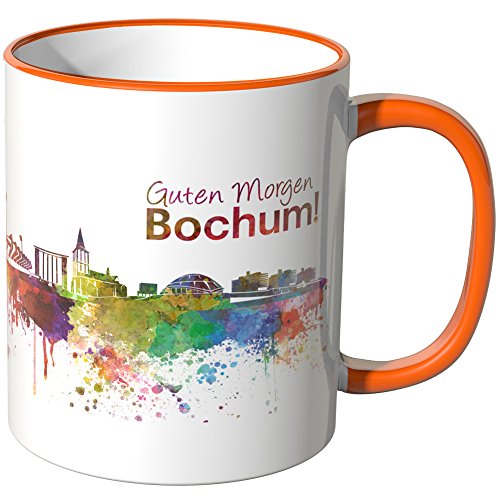 WANDKINGS® Tasse, Schriftzug Guten Morgen Bochum! mit Skyline - ORANGE von WANDKINGS