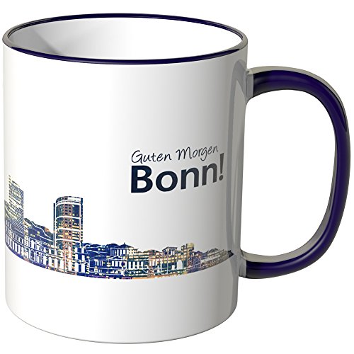 WANDKINGS® Tasse, Schriftzug Guten Morgen Bonn! mit Skyline bei Nacht - LILA von WANDKINGS