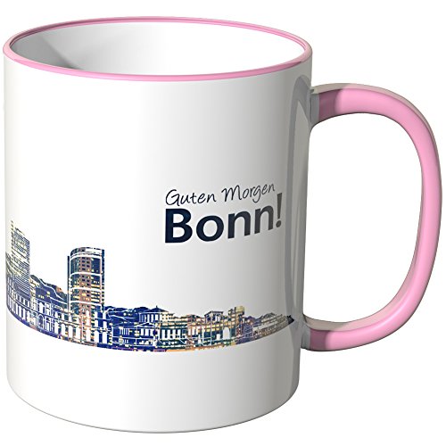 WANDKINGS® Tasse, Schriftzug Guten Morgen Bonn! mit Skyline bei Nacht - ROSA von WANDKINGS