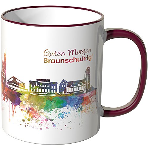 WANDKINGS® Tasse, Schriftzug Guten Morgen Braunschweig! mit Skyline - Bordeaux von WANDKINGS