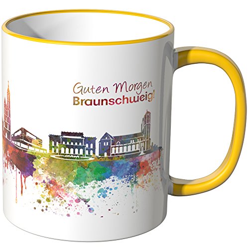 WANDKINGS® Tasse, Schriftzug Guten Morgen Braunschweig! mit Skyline - GELB von WANDKINGS