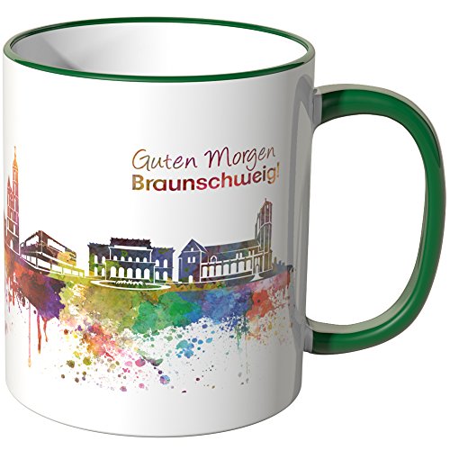 WANDKINGS® Tasse, Schriftzug Guten Morgen Braunschweig! mit Skyline - GRÜN von WANDKINGS