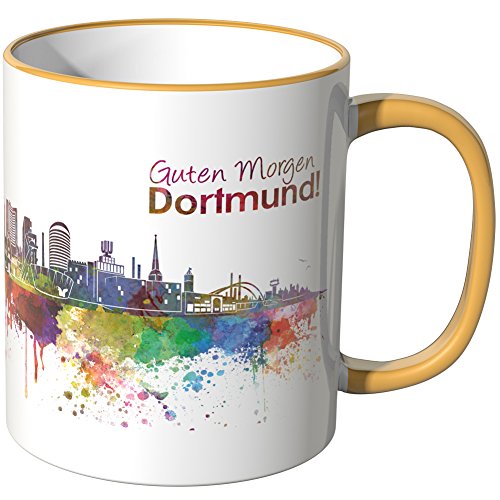WANDKINGS® Tasse, Schriftzug Guten Morgen Dortmund! mit Skyline - DUNKELGELB von WANDKINGS